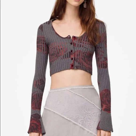 NWOT Zara Limited Ed. grey cropped cardigan w/ red floral print & velvet buttons - Picture 1 of 7
